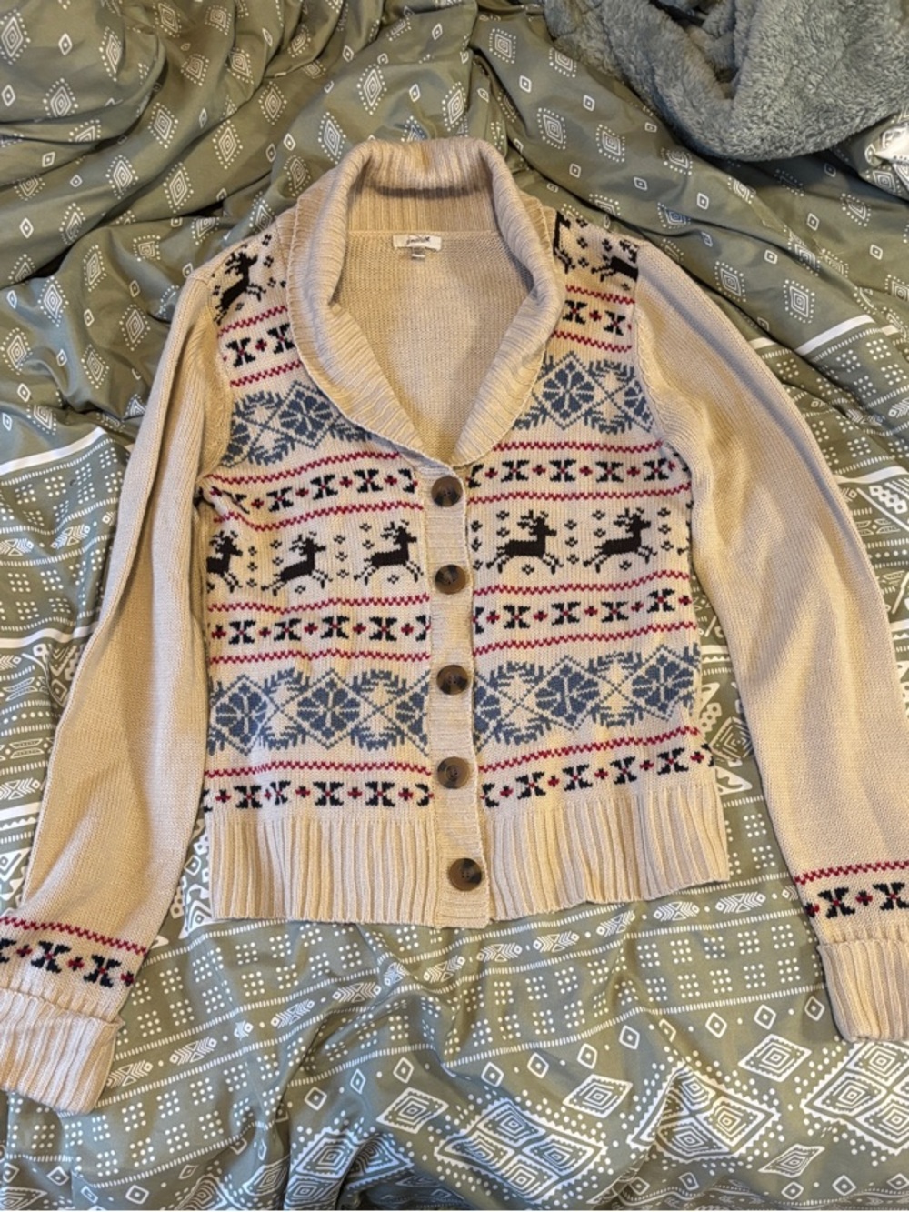 Grane Cream Fair Isle Shawl Collar Cardigan with Navy & Red Accents